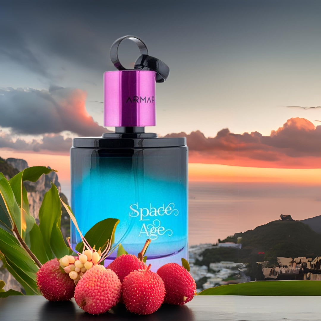 ARMARIS Space Age perfume bottle with fruits and a scenic background